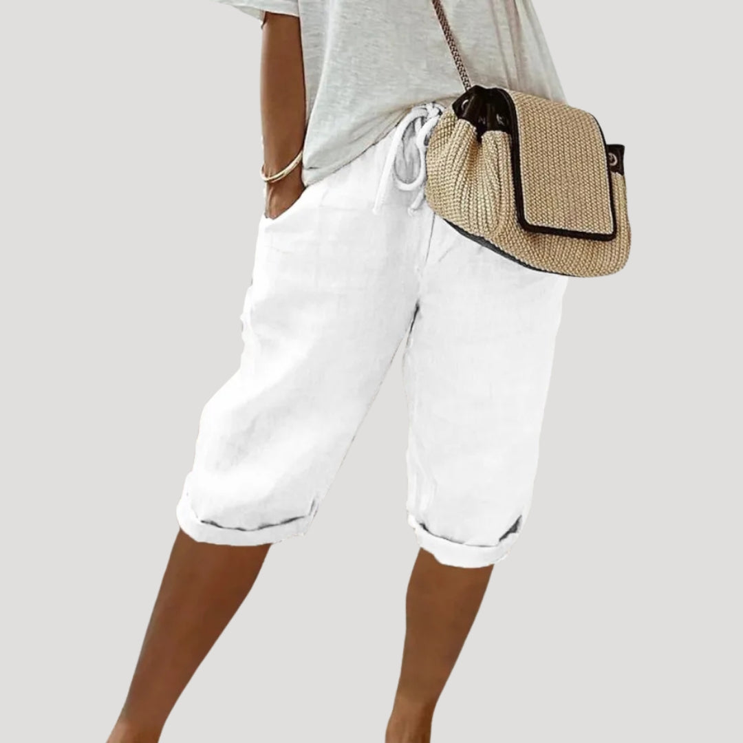 Women Linen Capri Trousers Elastic Waist Relaxed Fit