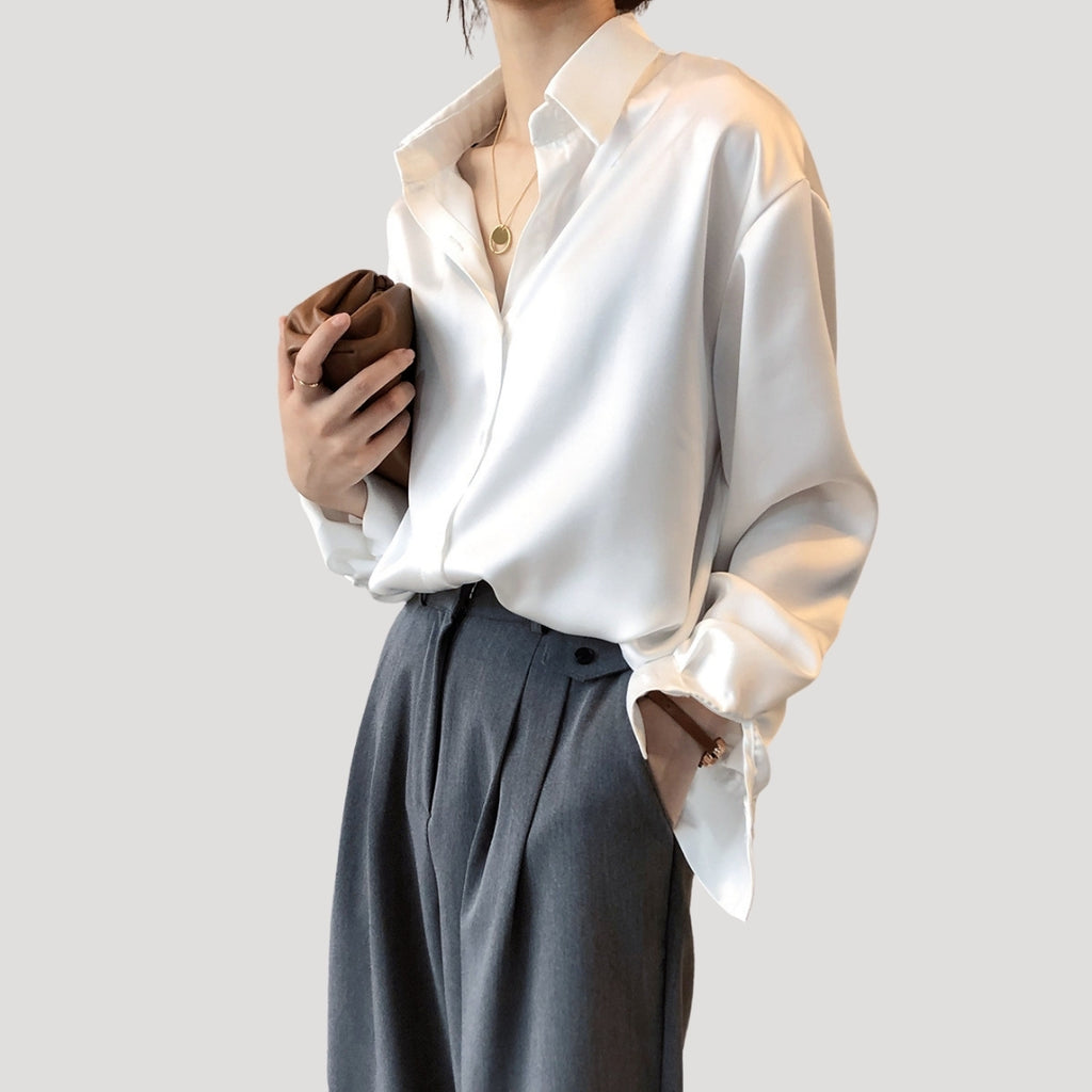 Women’s Satin Button Down Blouse Long Sleeve Shirt Top