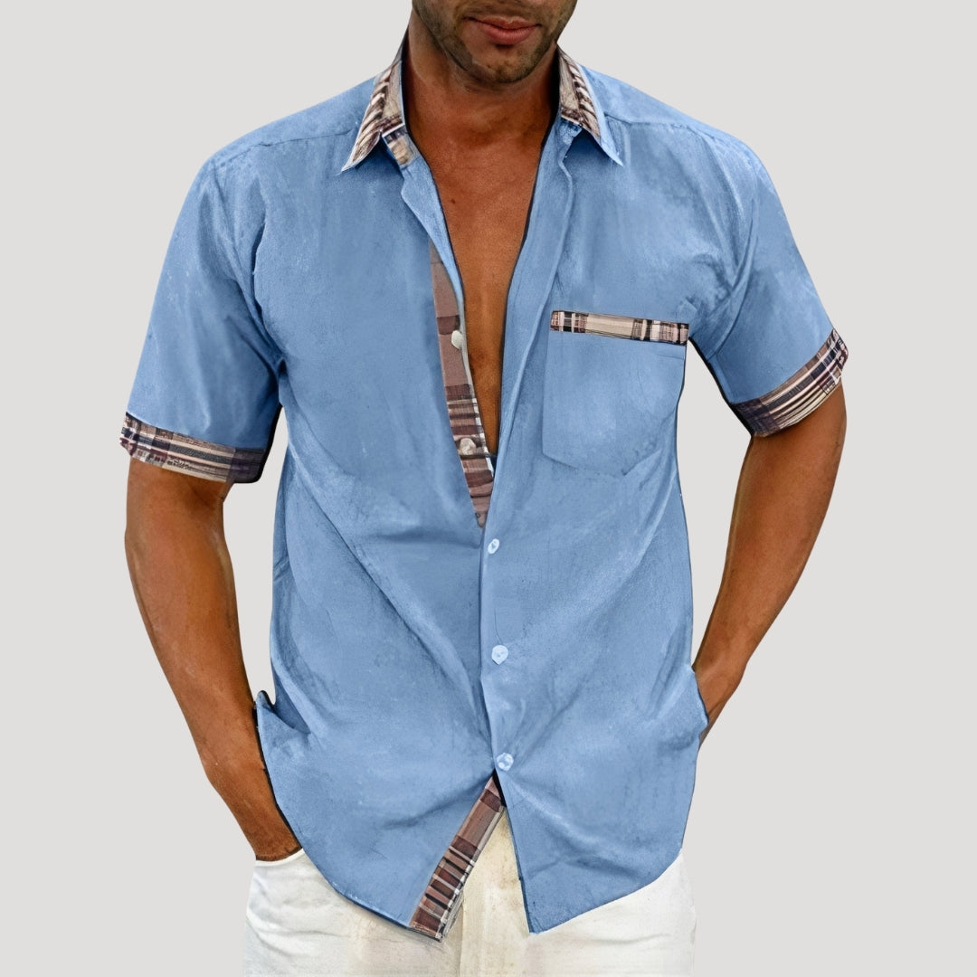 Mens Casual Shirt Short Sleeve Button Down Plaid Trim