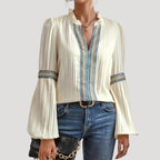 Women’s Ruffle Neck Blouse Wide Sleeve Relaxed Boho Top