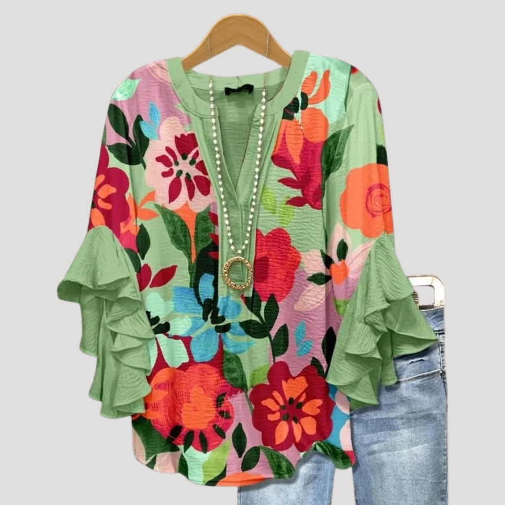 Women’s Floral Tunic Blouse Ruffle Sleeve V Neck Boho Top