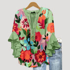 Women’s Floral Tunic Blouse Ruffle Sleeve V Neck Boho Top
