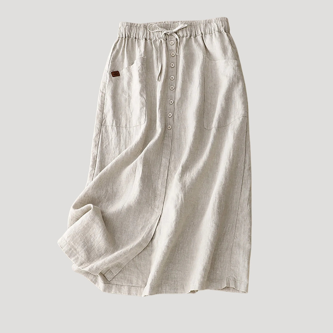 Women’s Linen Long Skirt Elastic Waist Button Front Pockets