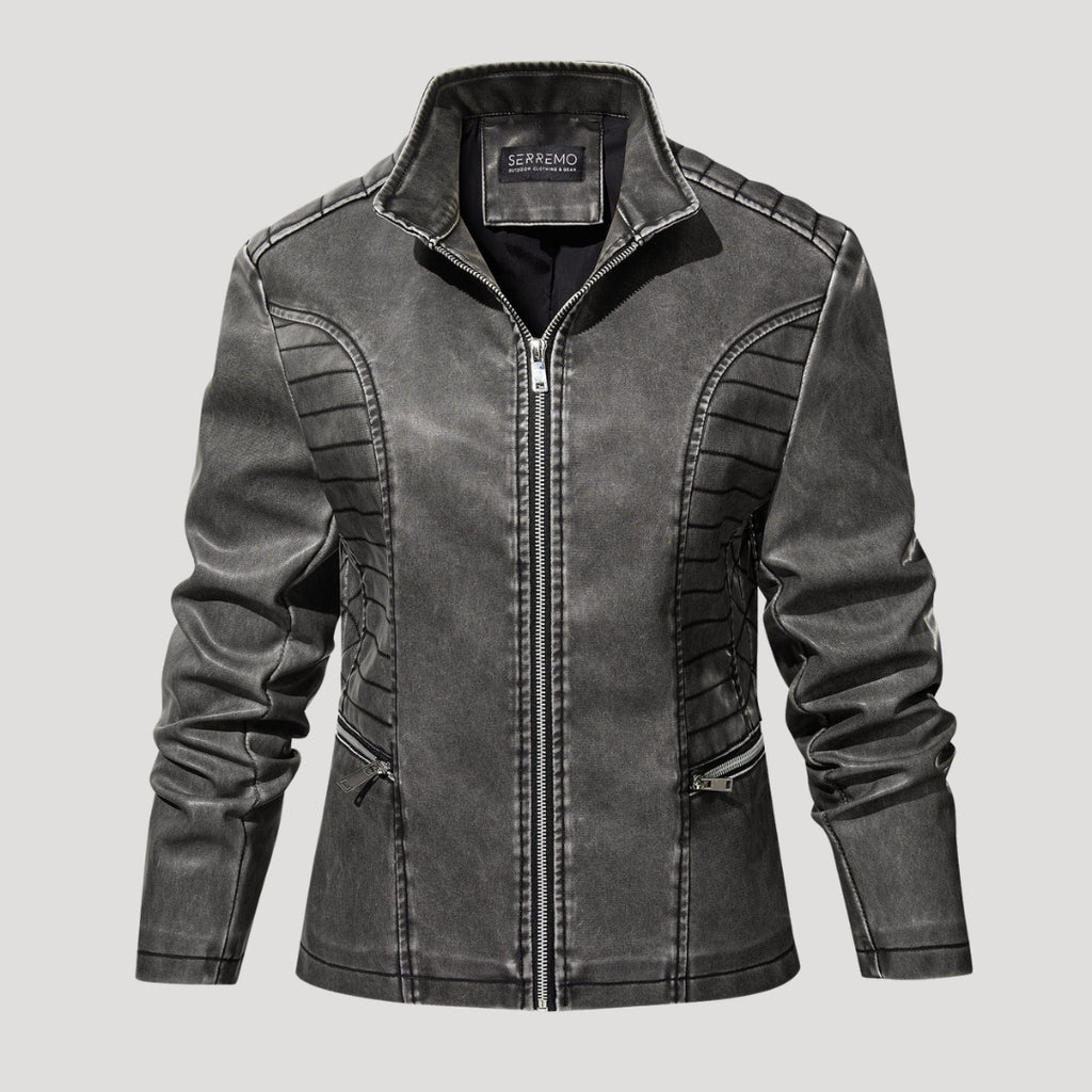 Women’s Leather Moto Jacket Zip Front Washed Gray Outerwear