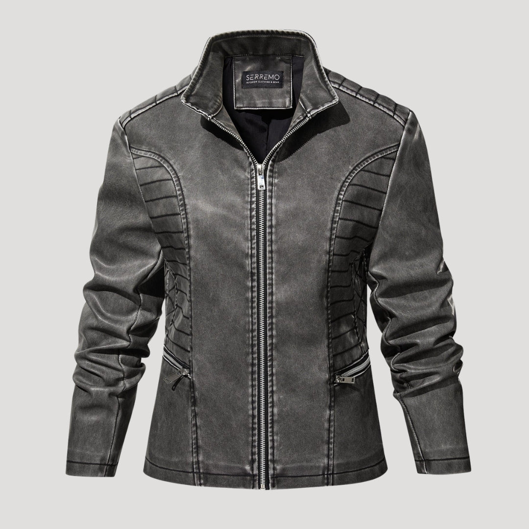 Women’s Leather Moto Jacket Zip Front Washed Gray Outerwear