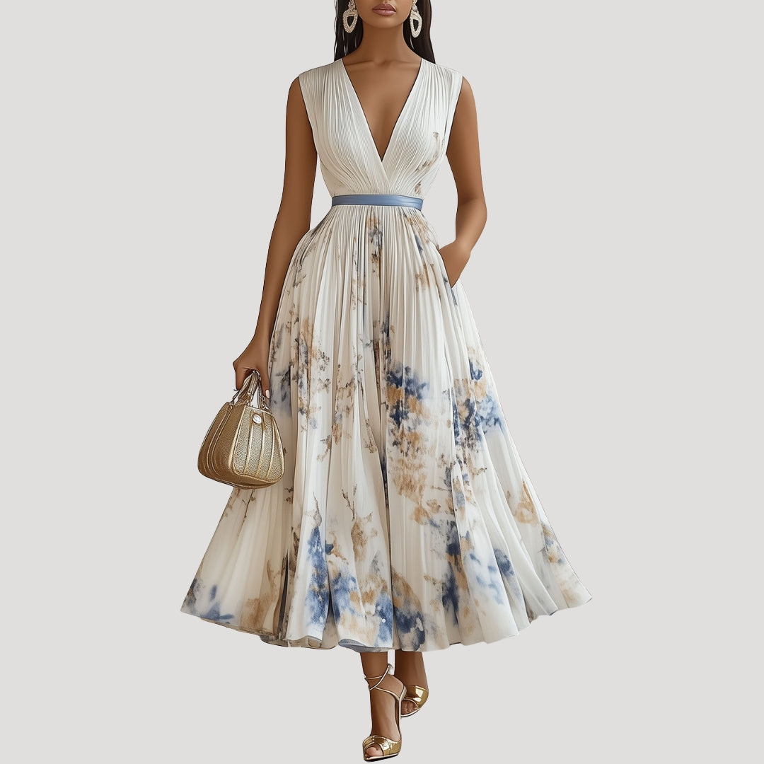 Women’s White Dress Midi Floral Pleated V Neck Sleeveless