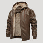 Men’s Hooded Leather Bomber Jacket With Fleece Lining