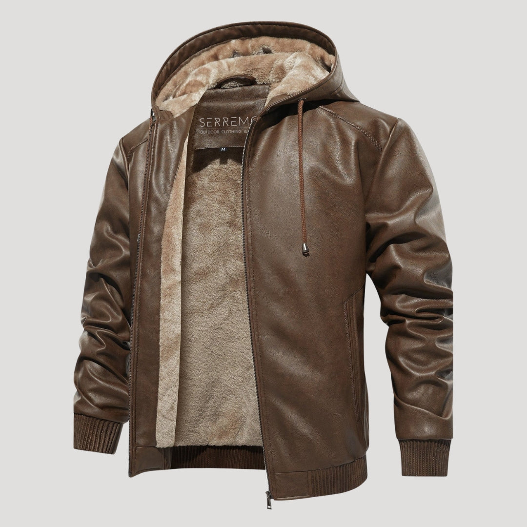 Men’s Hooded Leather Bomber Jacket With Fleece Lining