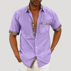 Mens Casual Shirt Short Sleeve Button Down Plaid Trim