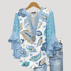 Women’s Floral Tunic Blouse Ruffle Sleeve V Neck Boho Top