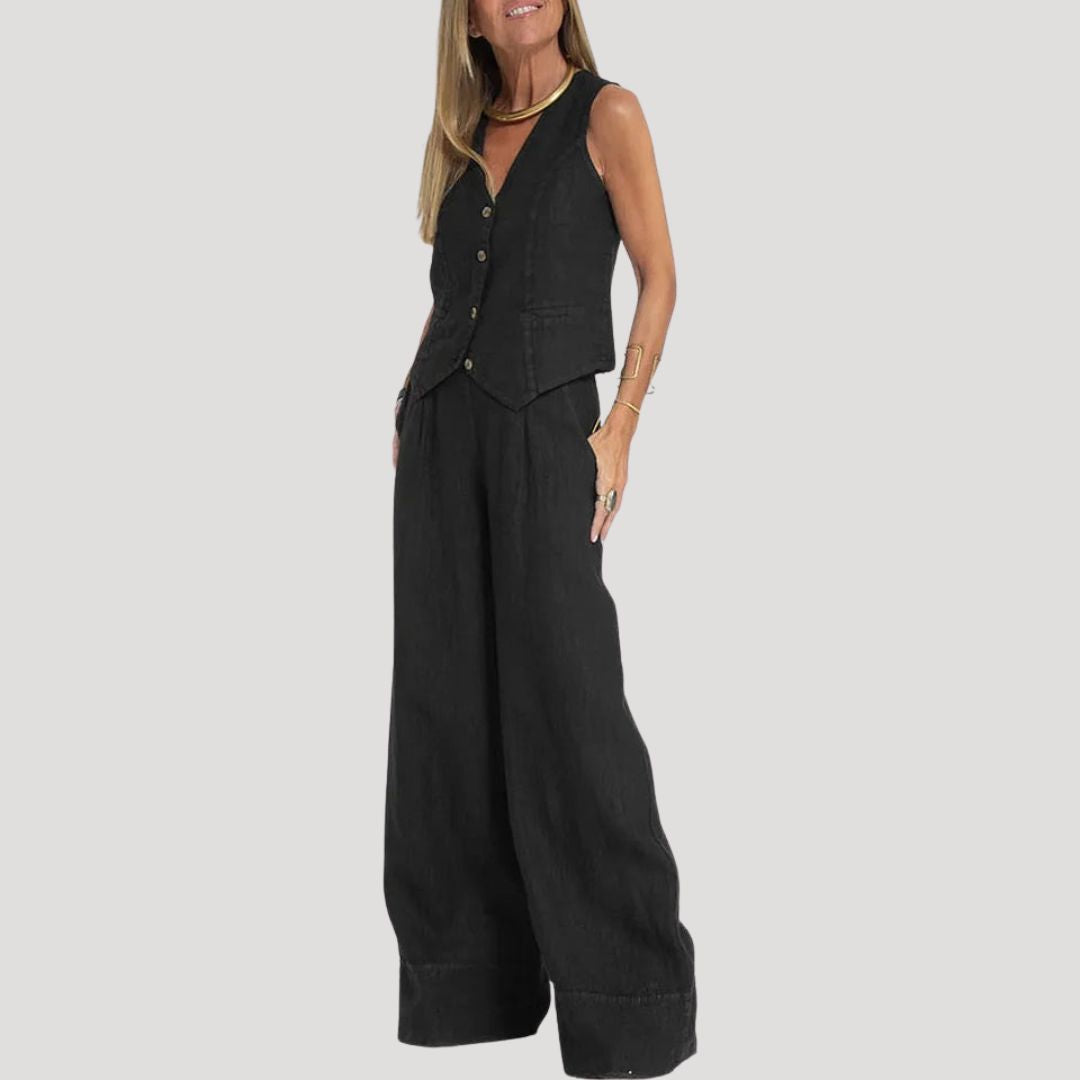 Women’s Linen Pants Set Sleeveless Vest Wide Leg Trousers