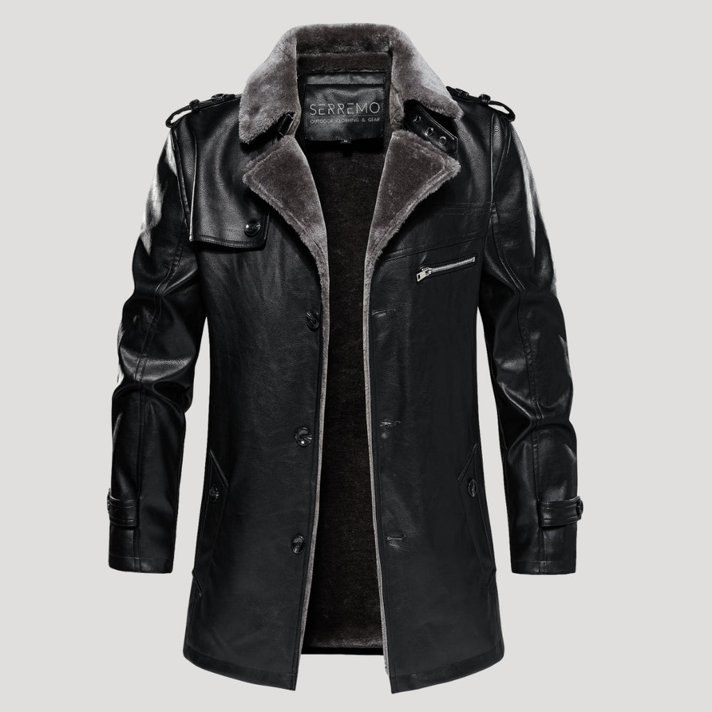 Men’s Faux Fur Collar Leather Trench Coat Longline Style