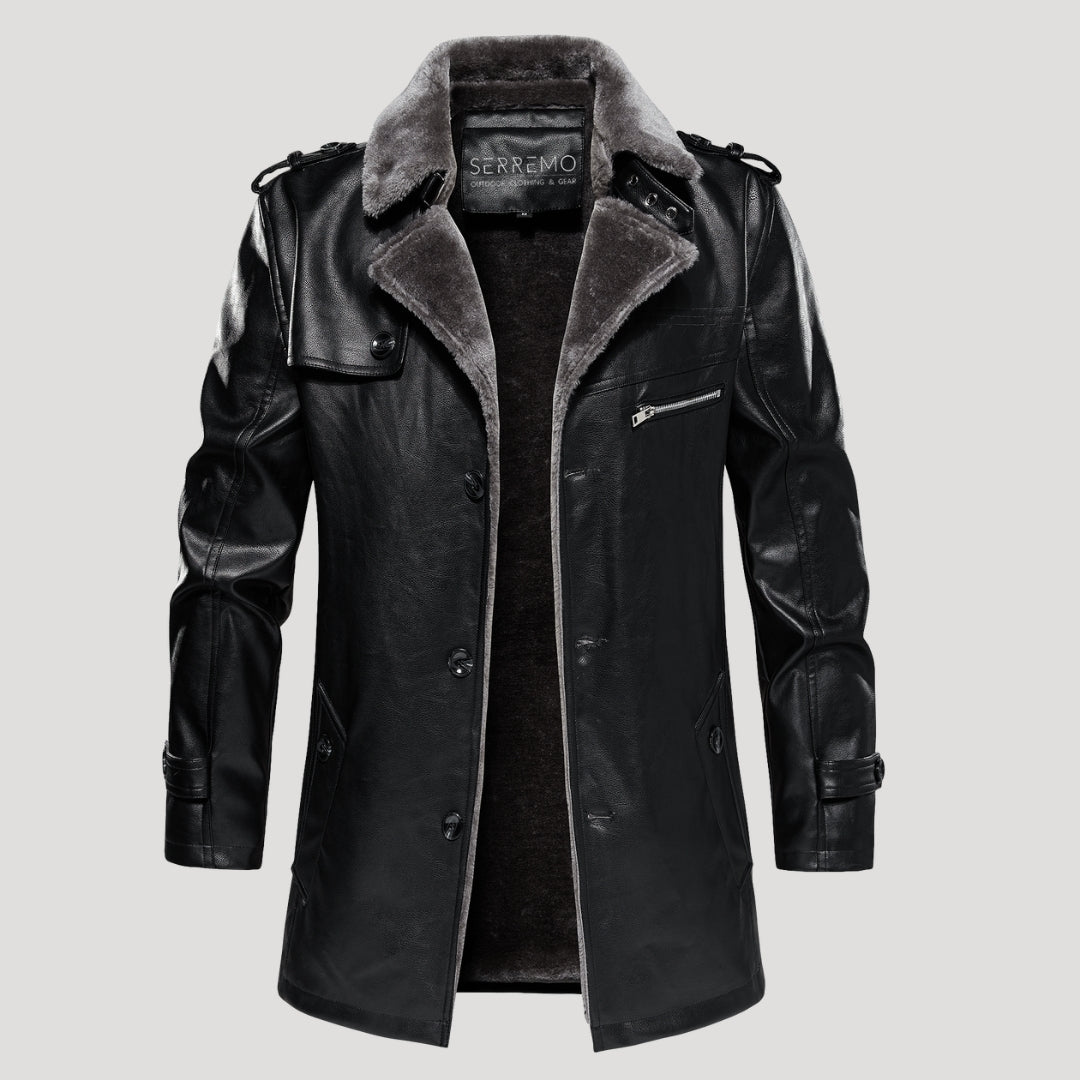 Men’s Faux Fur Collar Leather Trench Coat Longline Style