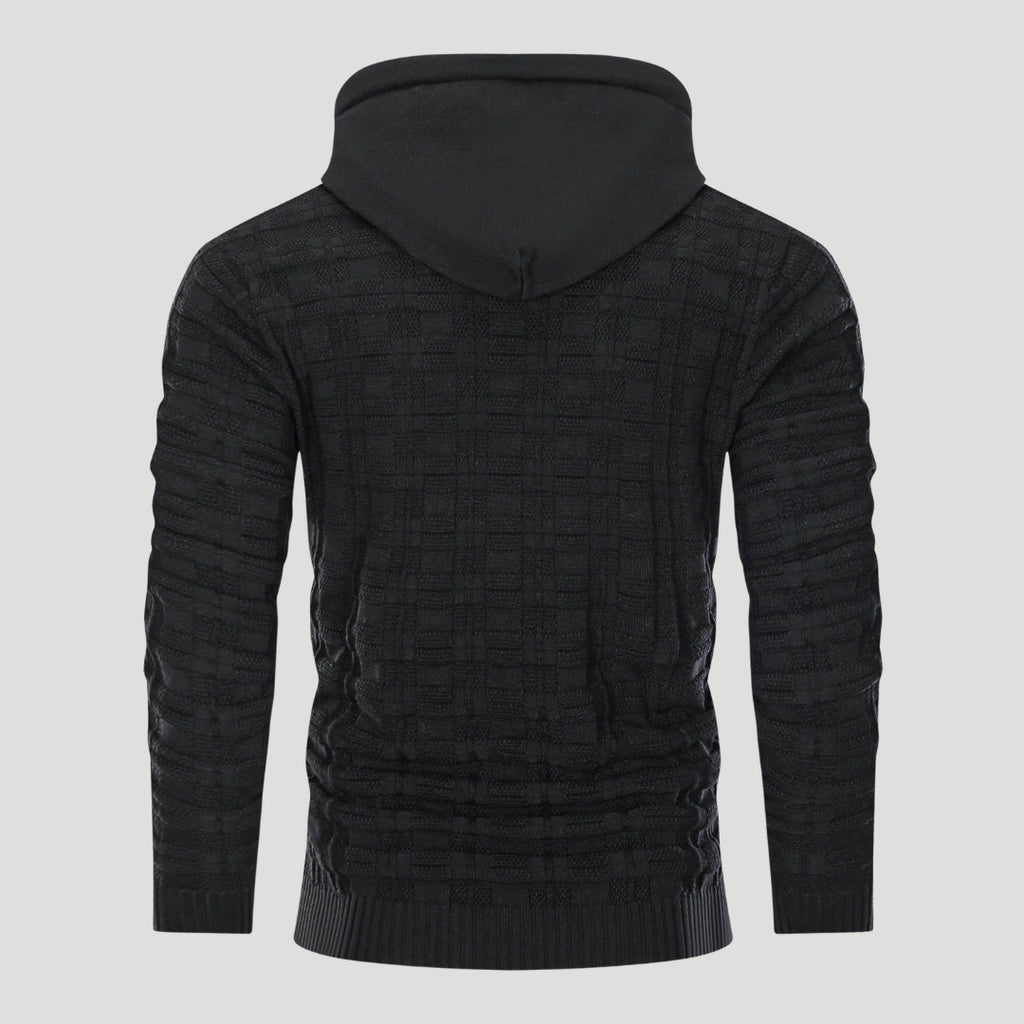 Men’s Plaid Knit Pullover Hoodie Textured Long Sleeve Sweater