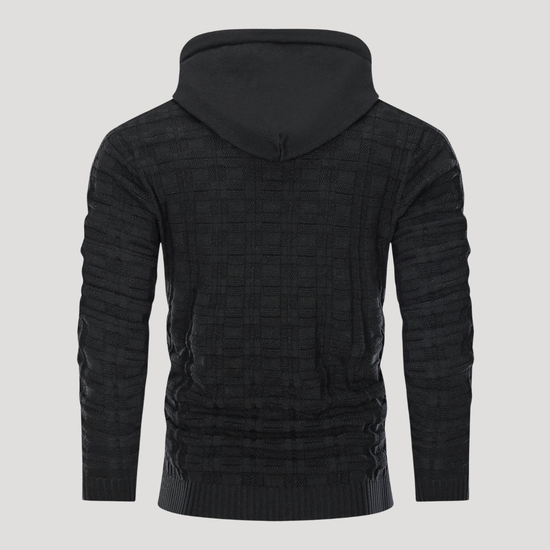 Men’s Plaid Knit Pullover Hoodie Textured Long Sleeve Sweater