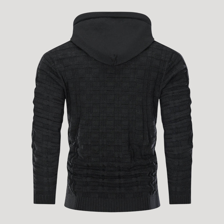 Men’s Plaid Knit Pullover Hoodie Textured Long Sleeve Sweater