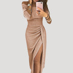 Women’s Off Shoulder Midi Dress Side Slit Bodycon Evening Gown