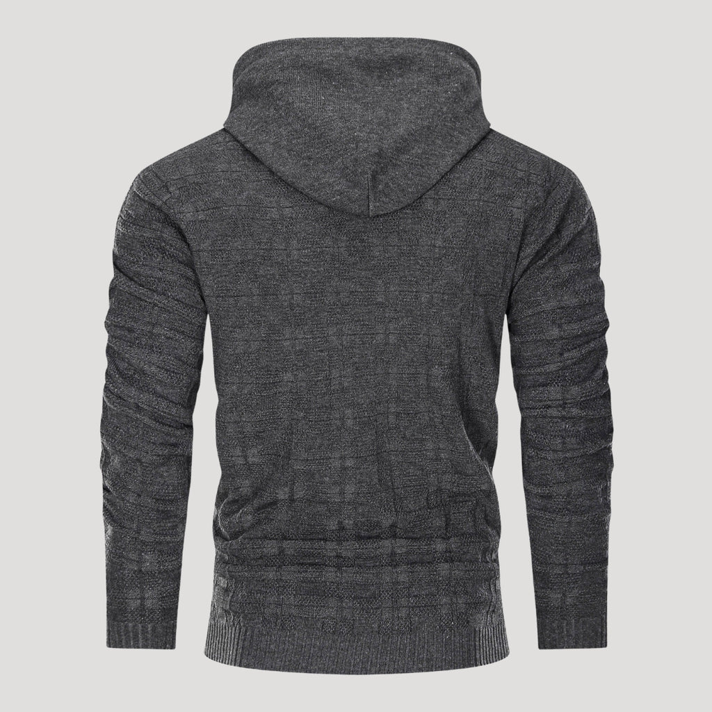 Men’s Plaid Knit Pullover Hoodie Textured Long Sleeve Sweater