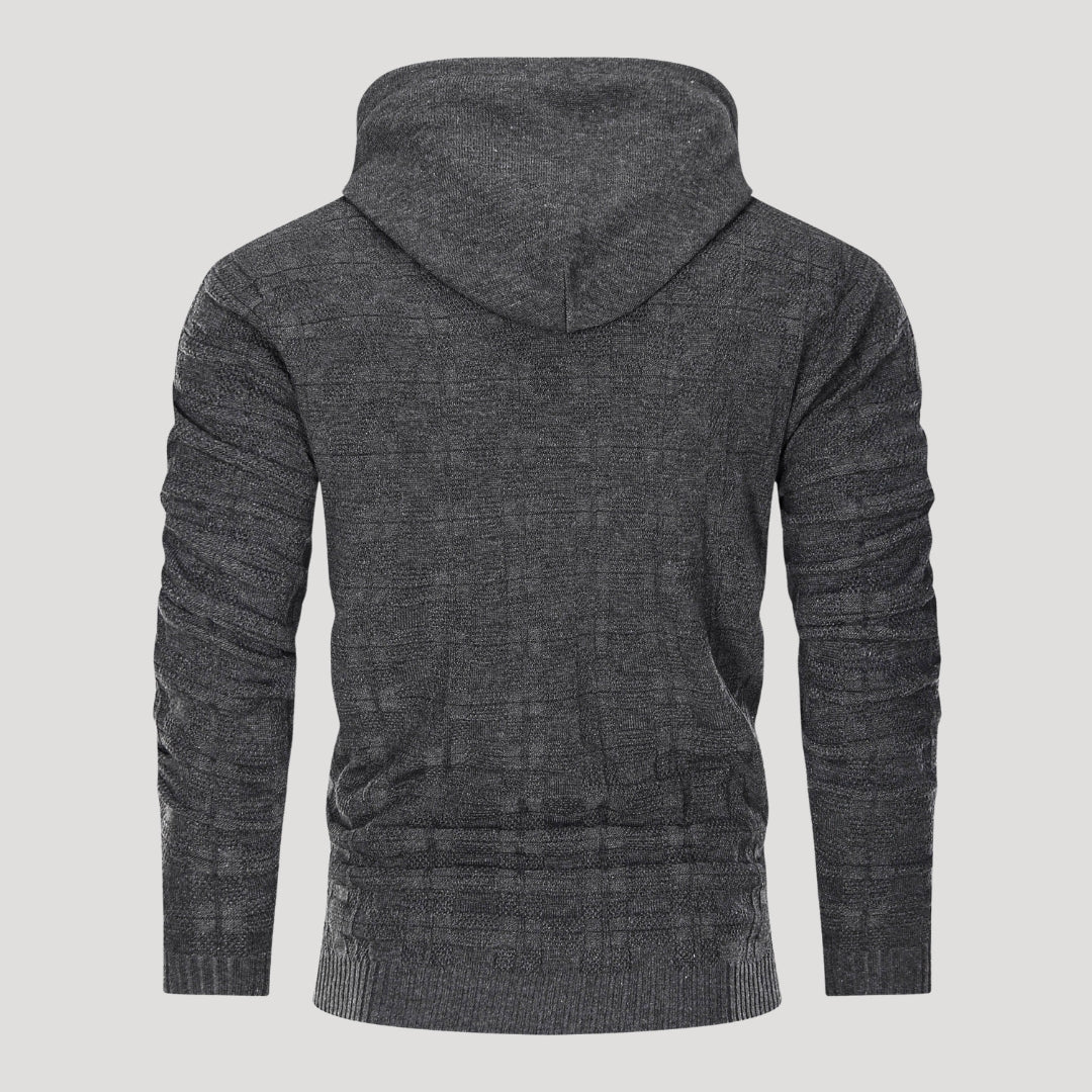 Men’s Plaid Knit Pullover Hoodie Textured Long Sleeve Sweater