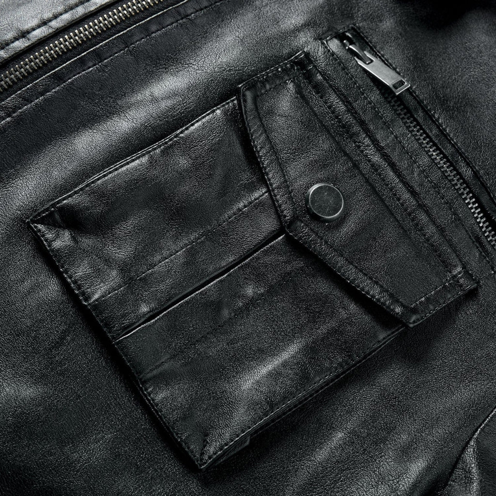 Men’s Black Leather Hooded Jacket With Utility Pockets