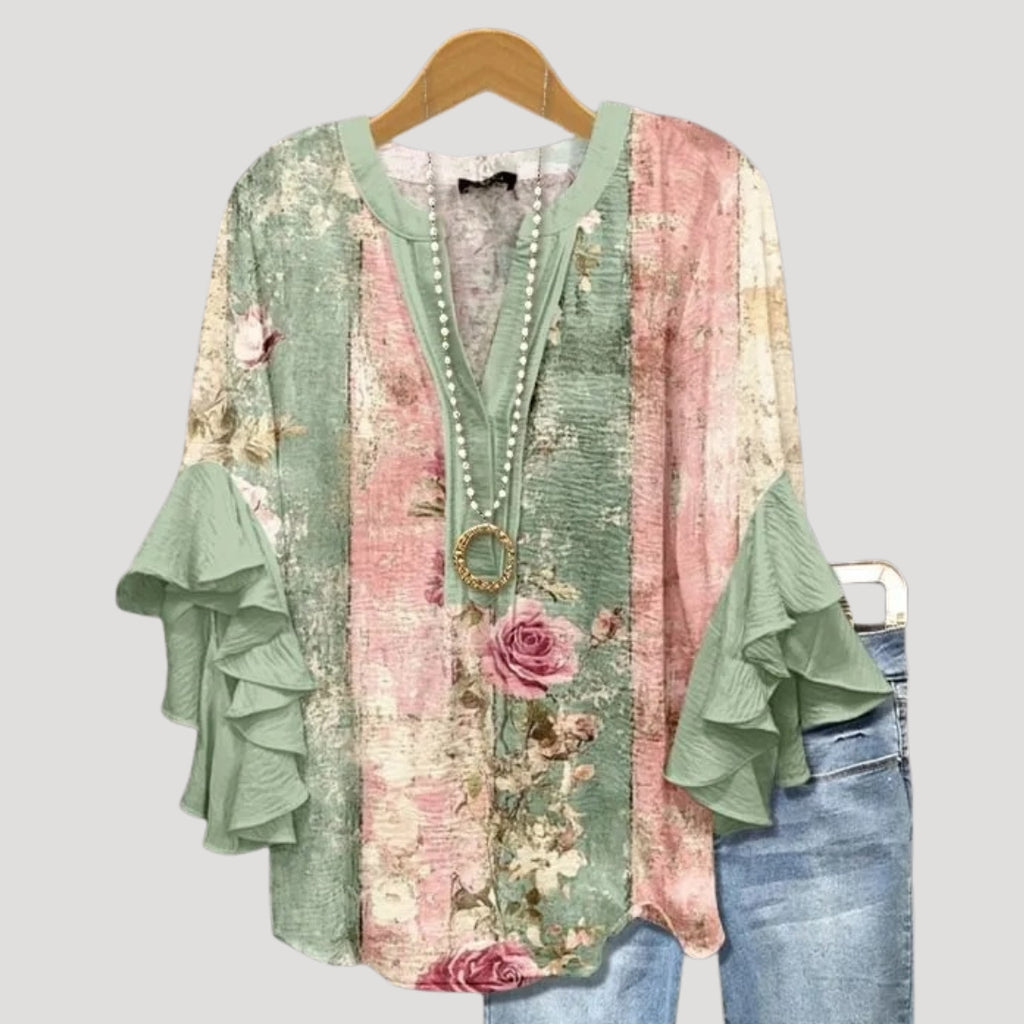 Women’s Floral Tunic Blouse Ruffle Sleeve V Neck Boho Top