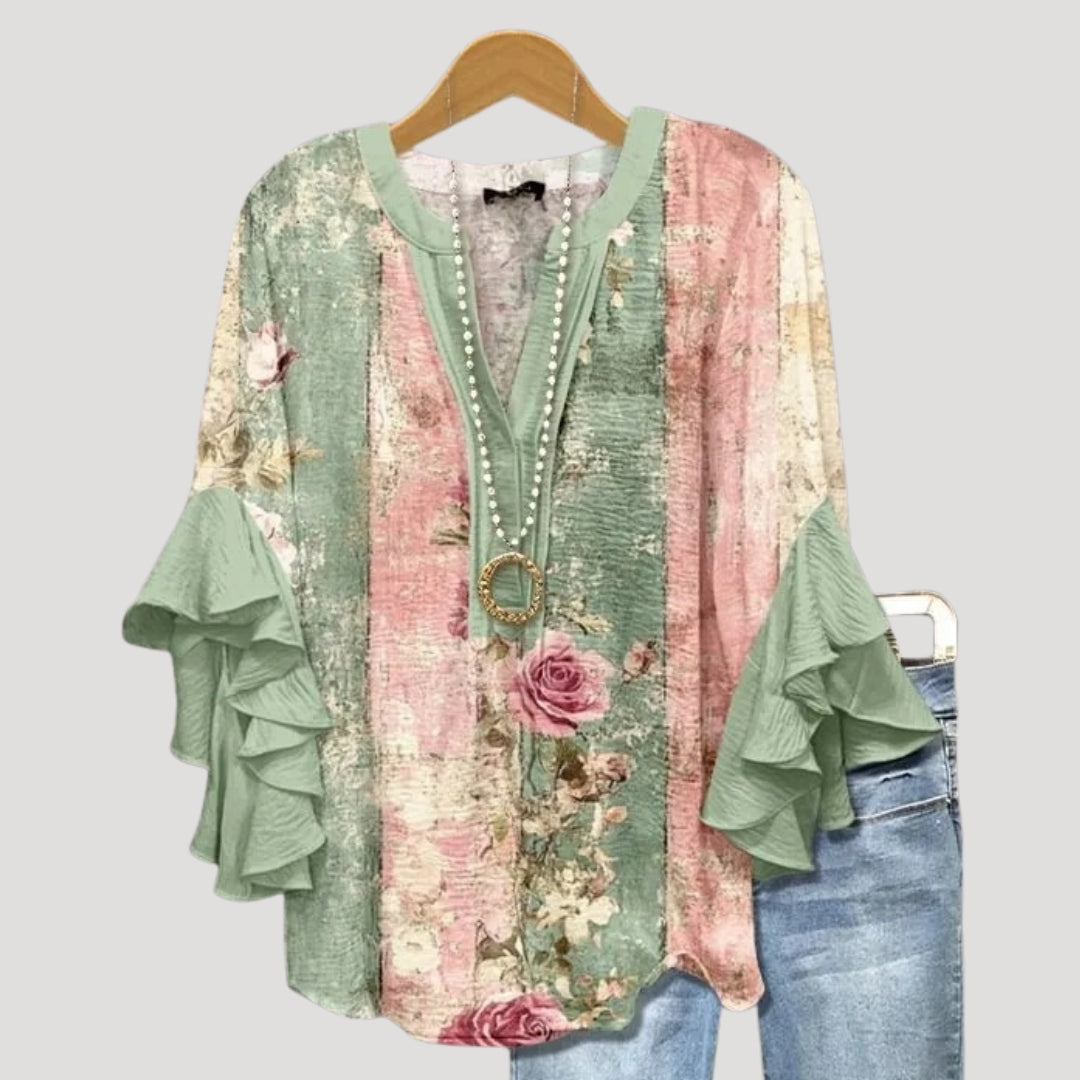 Women’s Floral Tunic Blouse Ruffle Sleeve V Neck Boho Top