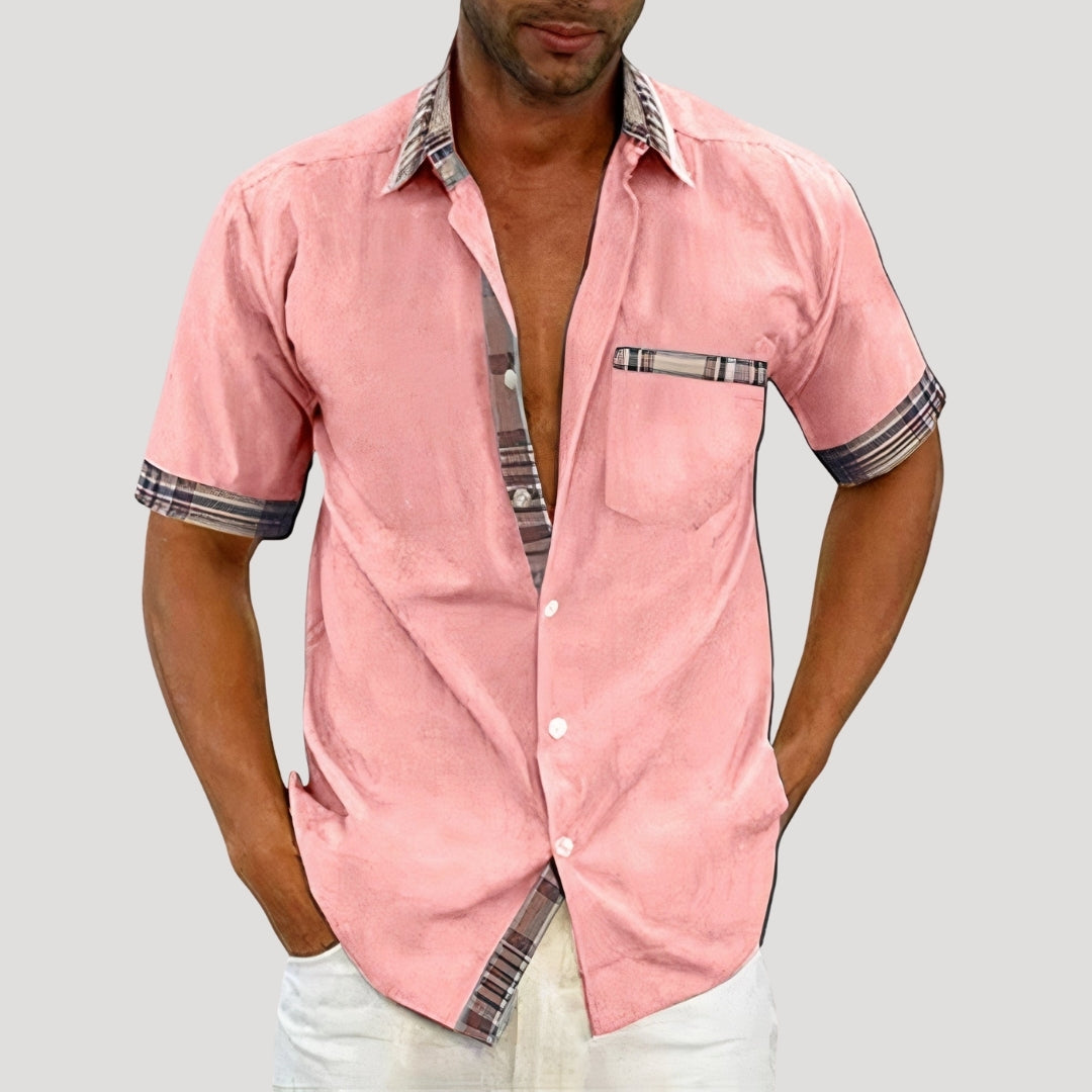 Mens Casual Shirt Short Sleeve Button Down Plaid Trim