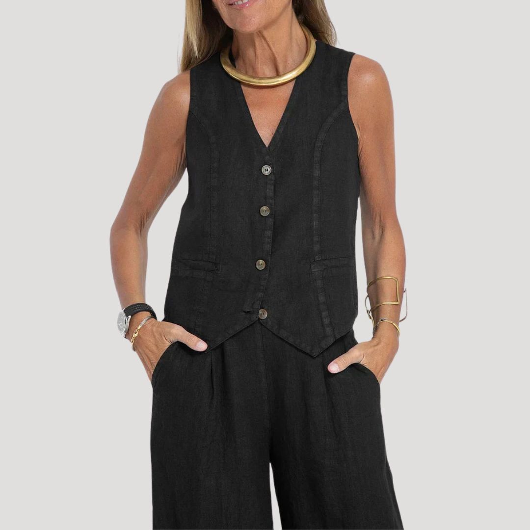 Women’s Linen Pants Set Sleeveless Vest Wide Leg Trousers