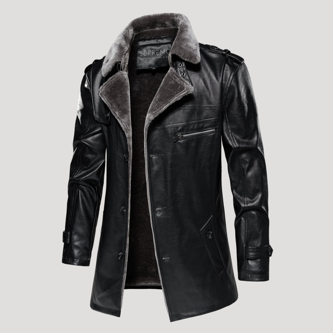 Men’s Faux Fur Collar Leather Trench Coat Longline Style