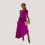 Women’s Dress Formal Cocktail Midi One Shoulder Pleated