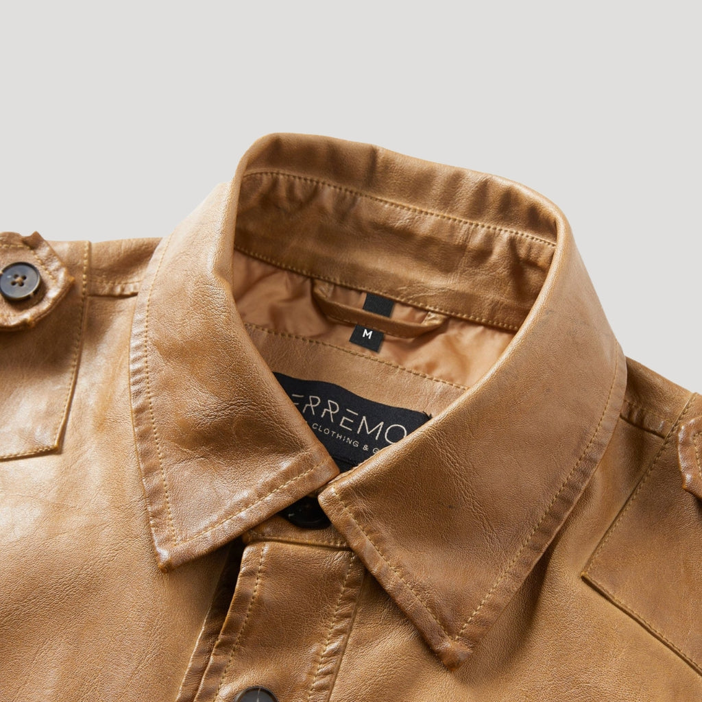 Men’s Leather Field Jacket Button Front Utility Outerwear