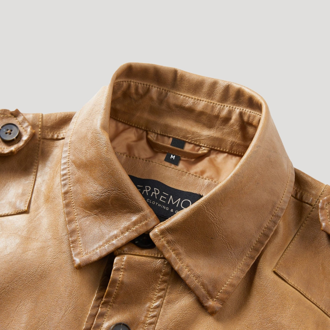 Men’s Leather Field Jacket Button Front Utility Outerwear