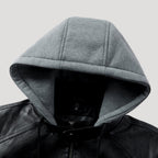 Men’s Black Leather Hooded Jacket With Utility Pockets