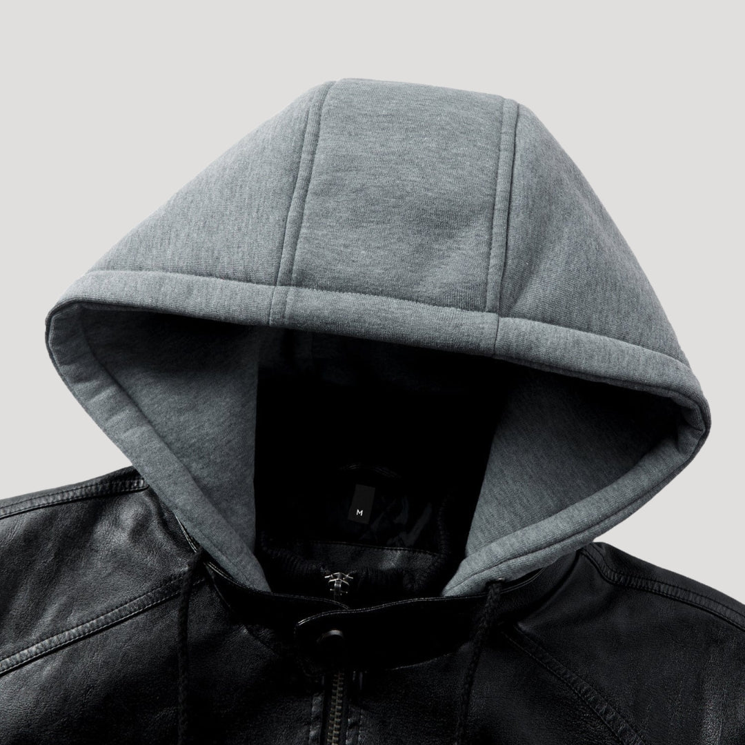 Men’s Black Leather Hooded Jacket With Utility Pockets