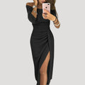 Women’s Off Shoulder Midi Dress Side Slit Bodycon Evening Gown