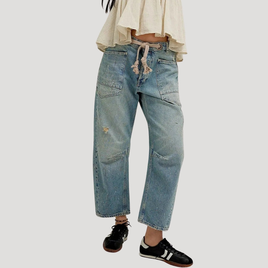 Women’s Denim Cargo Pants Straight Leg Drawstring Waist Pocket
