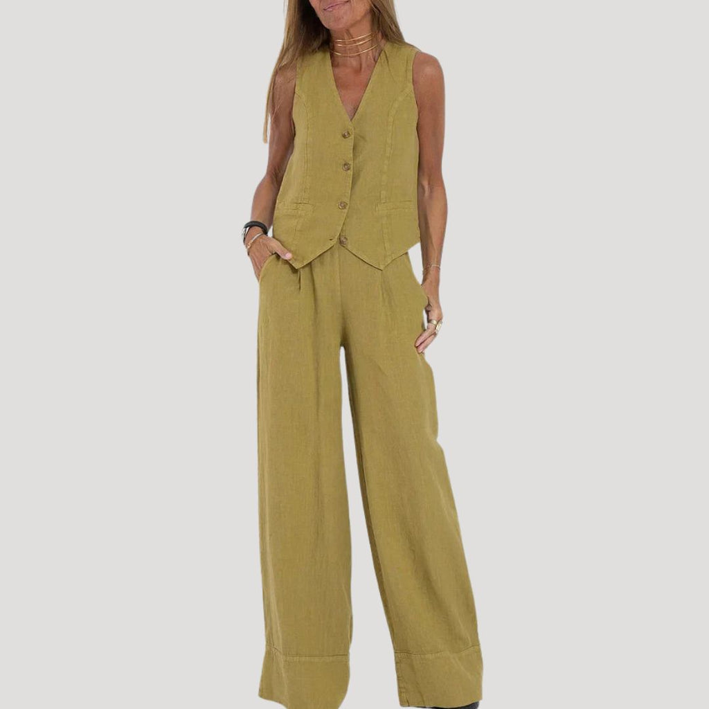 Women’s Linen Pants Set Sleeveless Vest Wide Leg Trousers