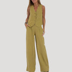 Women’s Linen Pants Set Sleeveless Vest Wide Leg Trousers