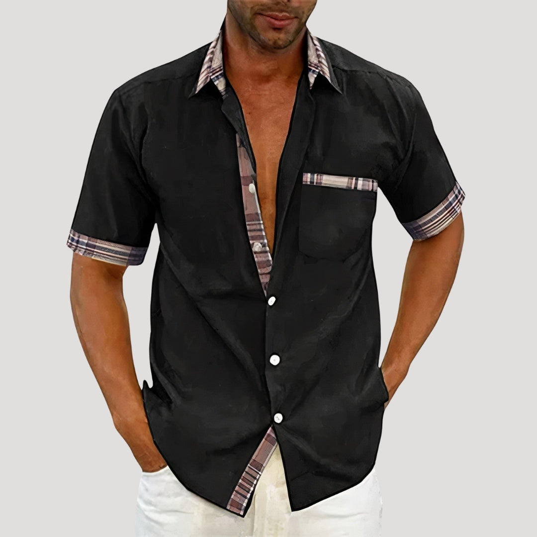 Mens Casual Shirt Short Sleeve Button Down Plaid Trim