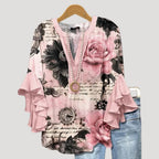 Women’s Floral Tunic Blouse Ruffle Sleeve V Neck Boho Top