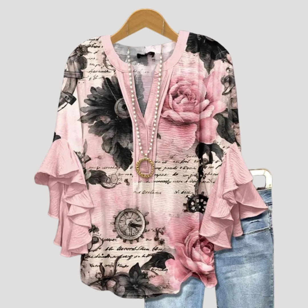 Women’s Floral Tunic Blouse Ruffle Sleeve V Neck Boho Top