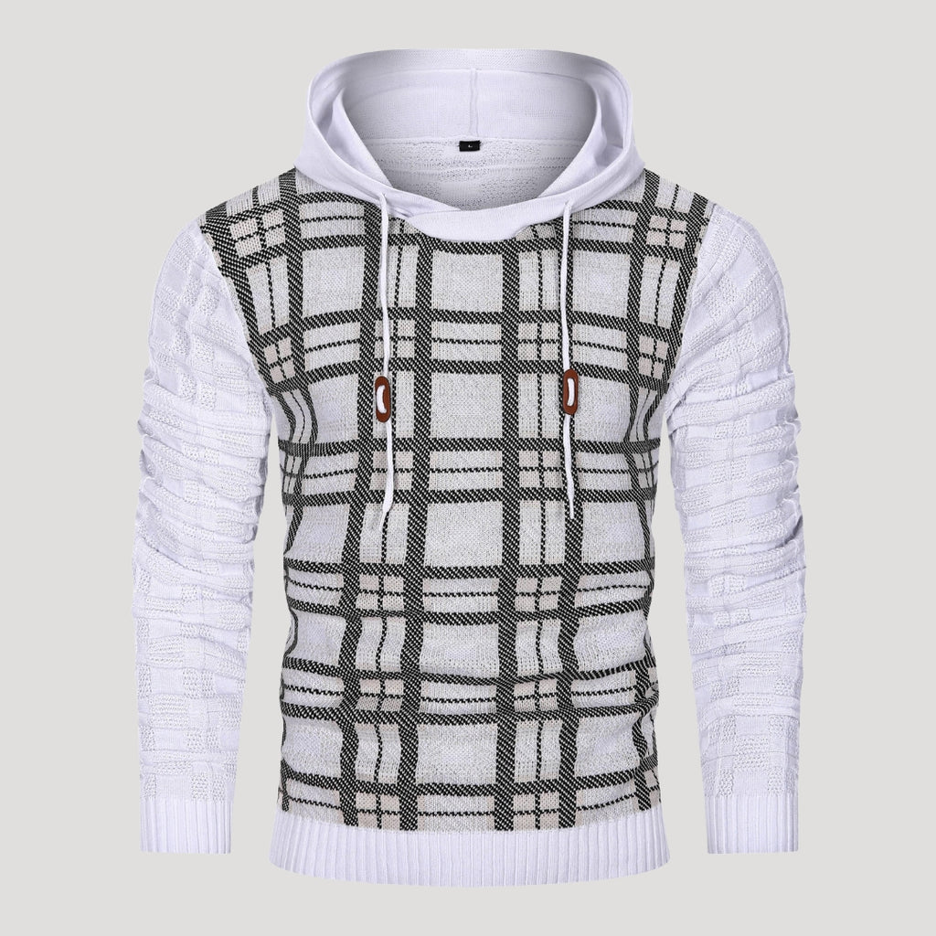 Men’s Plaid Knit Pullover Hoodie Textured Long Sleeve Sweater