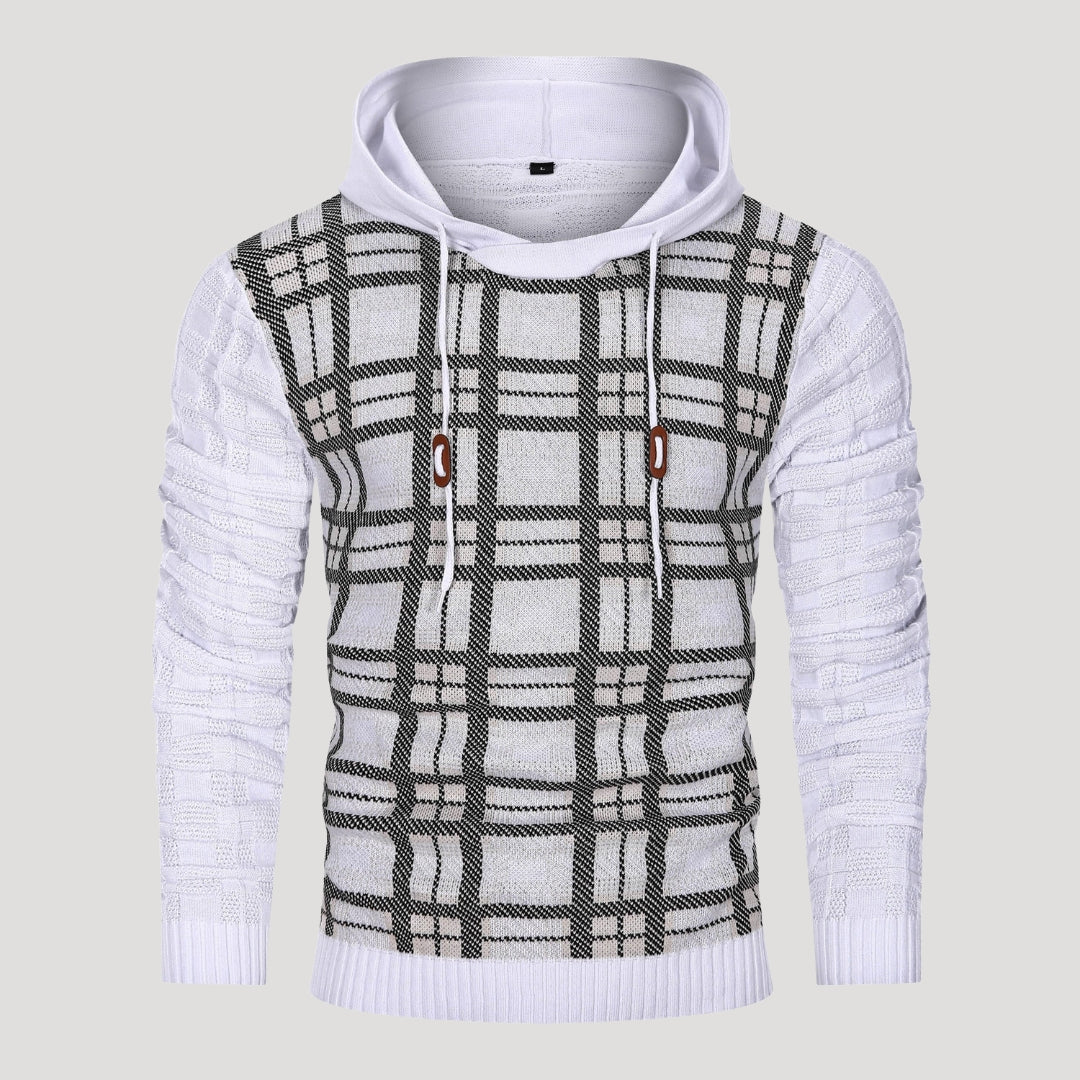 Men’s Plaid Knit Pullover Hoodie Textured Long Sleeve Sweater