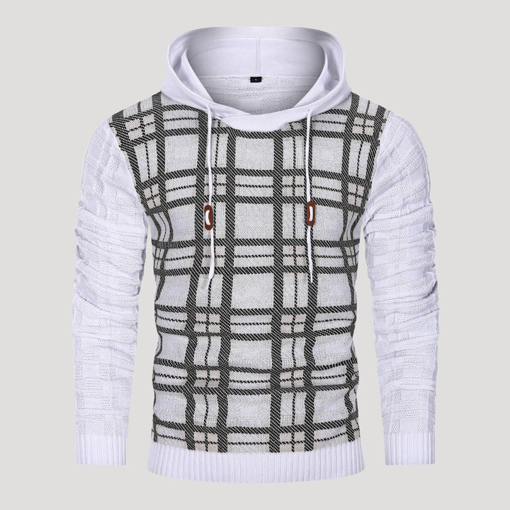 Men’s Plaid Knit Pullover Hoodie Textured Long Sleeve Sweater