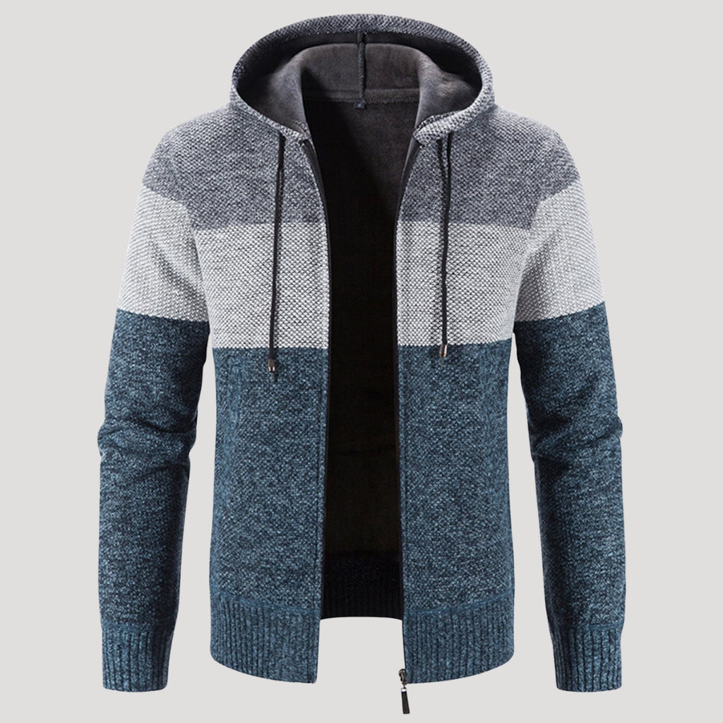Men’s Tri Colour Knit Zip Hoodie Warm Casual Jacket