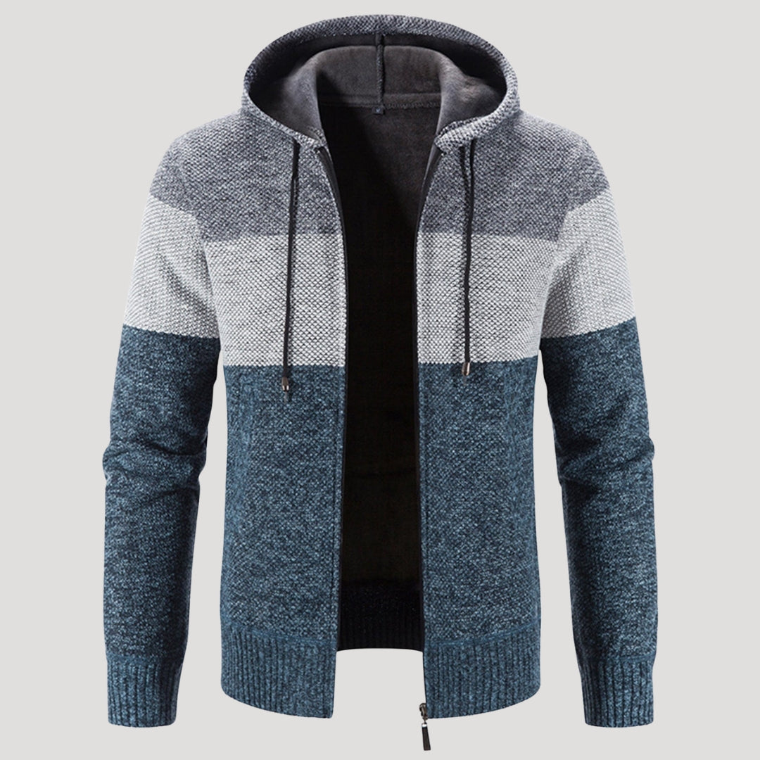 Men’s Tri Colour Knit Zip Hoodie Warm Casual Jacket