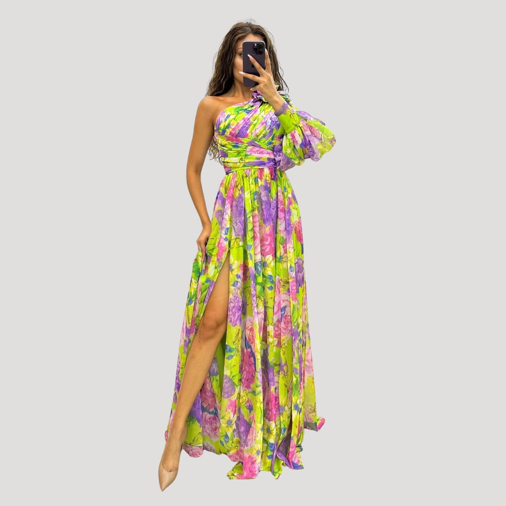 Women’s Formal Dress Maxi Floral One Shoulder Chiffon Slit