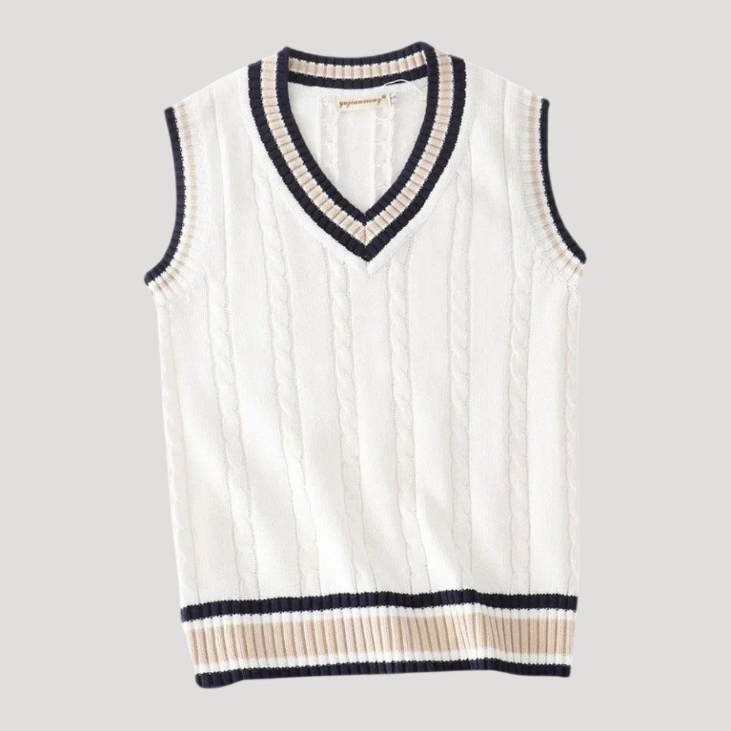 Men’s Sweater Vest Knit V Neck Sleeveless Preppy Striped