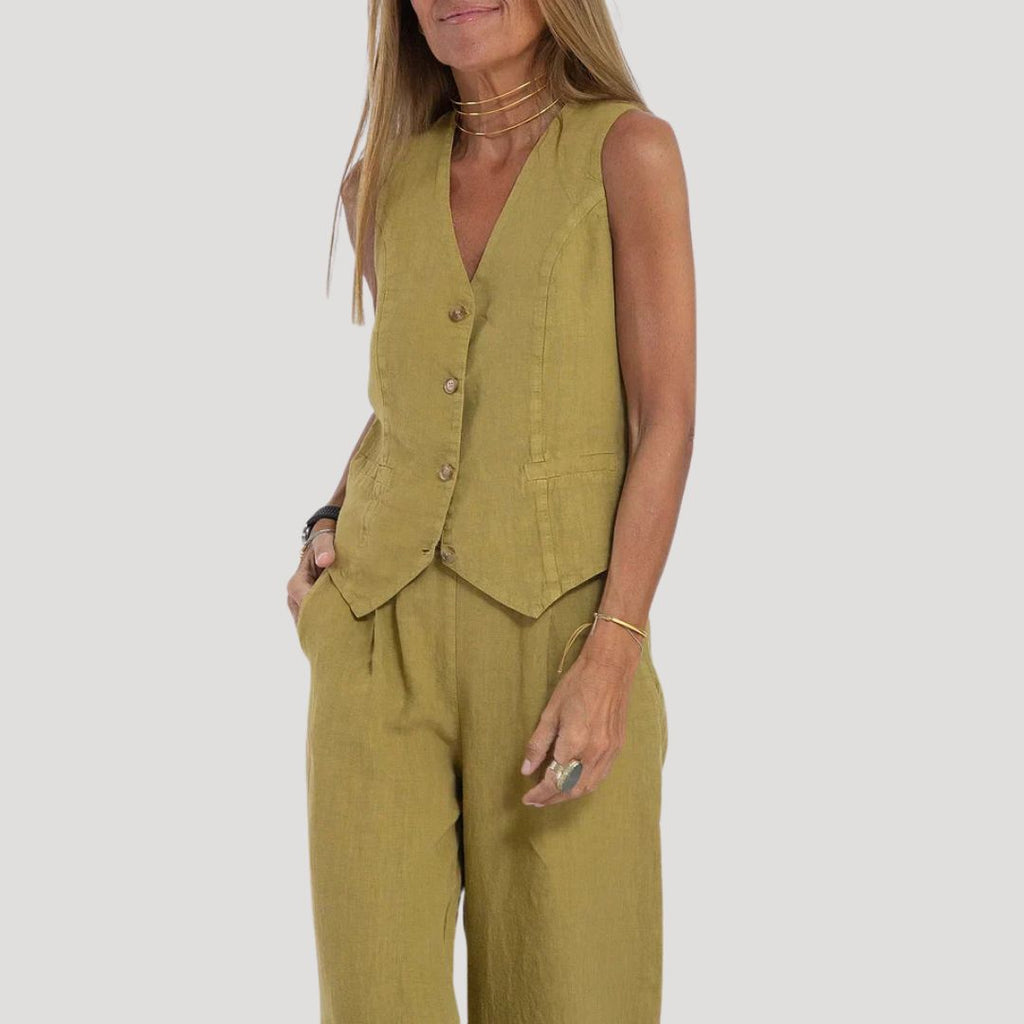 Women’s Linen Pants Set Sleeveless Vest Wide Leg Trousers