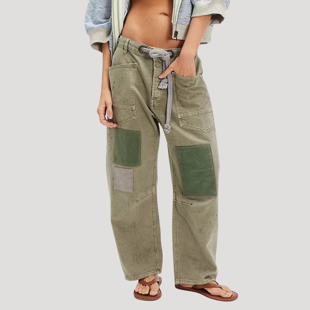 Women’s Denim Cargo Pants Straight Leg Drawstring Waist Pocket